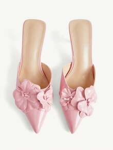 CUCCOO CHICEST Sandal Hak Tinggi Model Mules Lancip Motif Bunga Tiga Dimensi Terbaru 2026, Sandal Wanita Musim Panas Berkilau Kulit Paten, Sandal Serbaguna untuk Pernikahan dan Kencan yang Elegan - Baby Pink - View 2