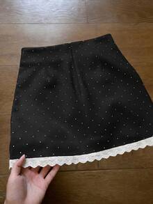 GlowEve Women's Fashion French Polka Dot Print Lace Patchwork Mini Skirt - Black - View 2