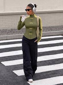 Muchica Army Green Spring/Summer New Women's Knit Sporty Style Ribbon & Button Design Sun Protection Thin Jacket - Army Green - View 5