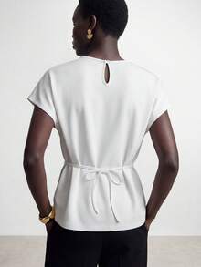 Duskaine Women's Casual Solid Color Batwing Sleeve Round Neck T-Shirt, Summer - White - View 8