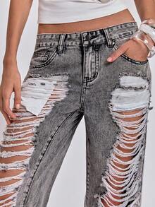 ACID BLVD Jeans Skinny de Cintura Ultra Baja con Estilo Callejero Y2K Hot Girl, Rasgados, Desgastados y Lavados para Primavera/Verano - Negro - Ver 3