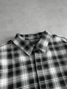 ROMWE MEN Men's Printed Plaid Loose Long Sleeve Shirt - Black and White - View 4