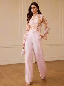 ZEYLAH Women's Contrast Lace V-Neck Long Sleeve Floral Print Top - Baby Pink - View 5