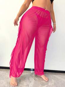Slaydiva New Year Party Fringe Trim Design Plus Size Women's Cover Up And Pants - Hot Pink - View 3