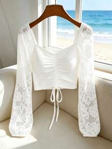 SHEIN Allurite Women's Lace Patchwork Pleated Casual Versatile Everyday Top - White - View 4