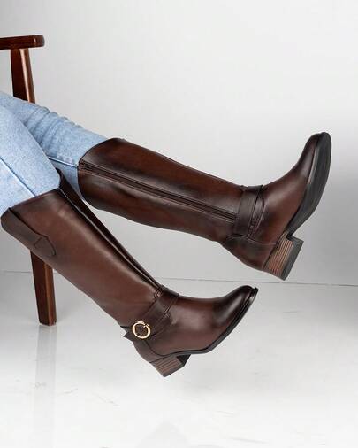 Fratello Shoe Store Fratello Women's Head High Color Tube Boots 0685, Side Zipper, Decorative Golden Buckle, Block Heel, Solid Patron, Sizes 3 To 6.