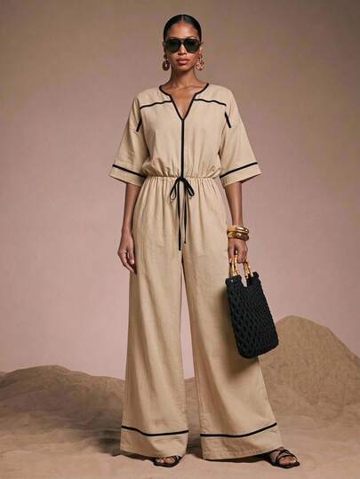 Zivah New Autumn/Winter Casual Vacation Commute Khaki Color With Black Trim Women's Jumpsuit, Suitable For Daily Outings, Shopping, Workplace, Party, Holiday, Outings, Wedding Guest, Back To School, Prom, Gathering, Birthday, Airport Outfit, Brunch Outfit, Graduation, Country Music Concert, Annual Meeting, Vacation