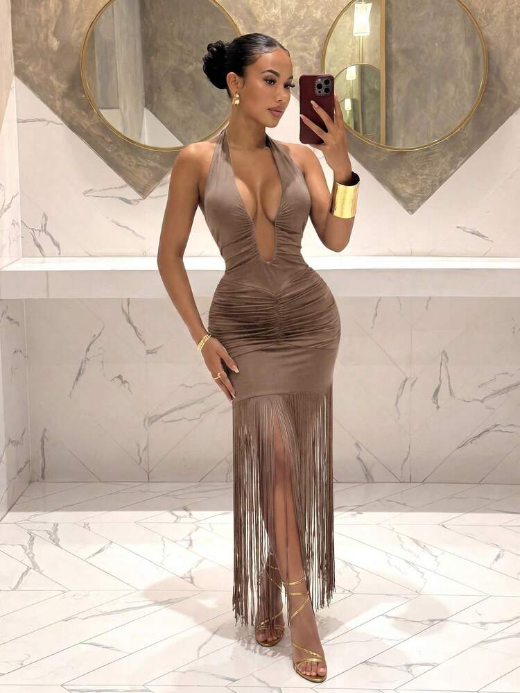 Slaydiva Brown Halter Deep V-Cut U-Neck Double-Sided Pleated Tassel Hem Maxi Dress, Summer New Music Festival Valentine's Day Easter Wedding Season Beach Vacation Casual Elegant Daily Wear, Beach Party Cruise Party Y2K Sexy Women's Long Dress - Khaki - View 1