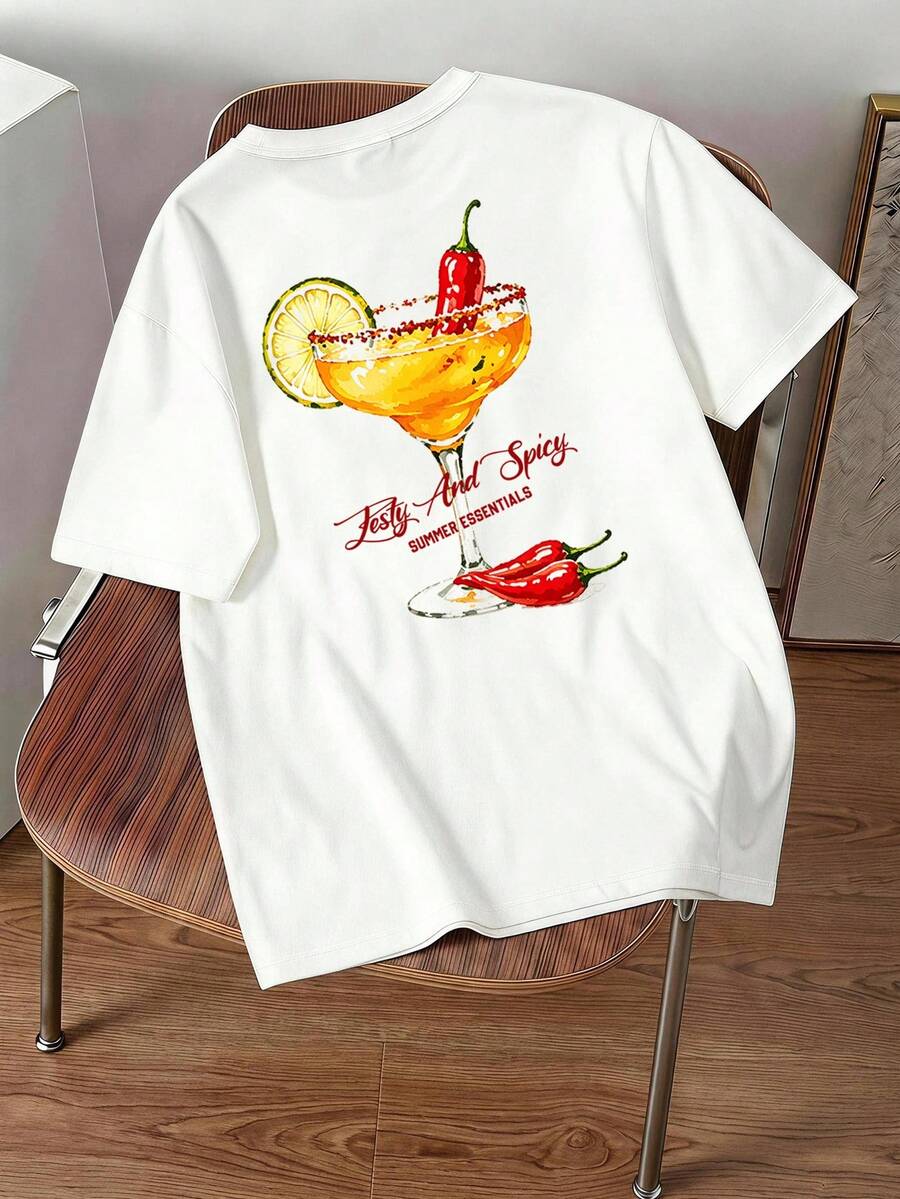 Manfinity Joysei Funny Chili Cocktail Pattern Print Men's T-Shirt, Suitable For Casual Daily Wear, Couple Matching, Thoughtful Gift For Boyfriend - White - View 1