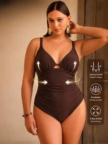 Shapewave Plus Size Women Solid Color Special Fabric Spaghetti Strap Underwire One-Piece Swimsuit Beach Party Summer Brown Sexy Elegant Modest - Brown - View 3