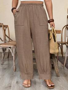 EMERY ROSE Pantalones de lino de unicolor informal de talla grande - Marrón Mocha - Ver 5