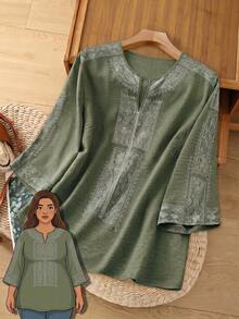 Rusticease 大尺碼女款休閒白色鏤空刺繡襯衫，秋季服飾 - 綠色 - 查看 8