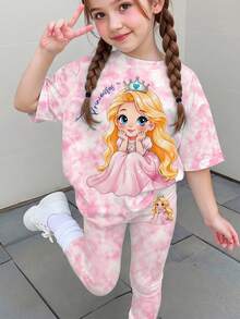 Young Girl Young Girls Simple Casual Short Sleeve Cartoon Pattern Leggings 2 Pieces Set - Multicolor - View 1