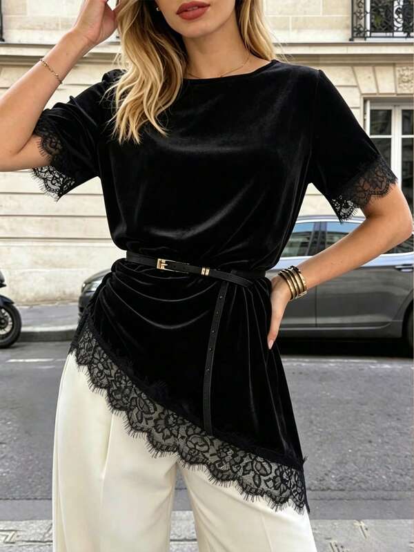 Pariaura Women's New Lace Patchwork Round Neck Short Sleeve Asymmetrical Hem Top