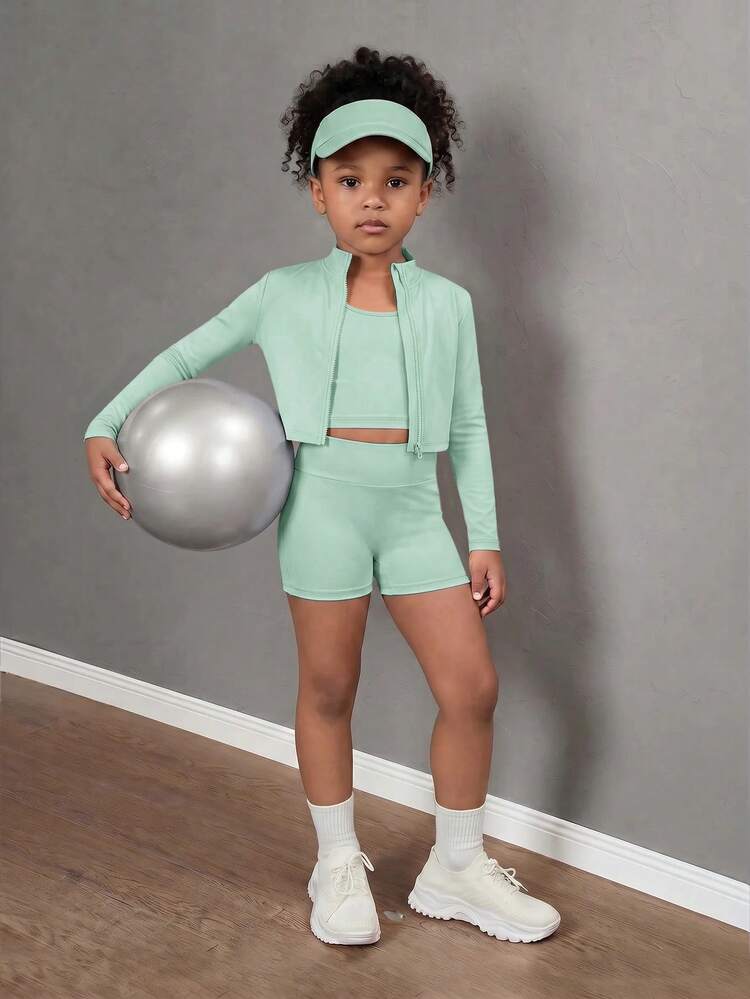 SHEIN Young Girl Solid Color Long Sleeve Zip-Up Jacket Vest With Shorts Sports Set - Green - View 7
