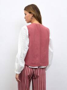Nöista Blusa sin mangas en rosa empolvado con escote en V profundo y cierres con lazo, detalles decorativos de lentejuelas plateadas. Primavera Verano Vacaciones. Lujo para salir, boda, fiesta, festival, vacaciones, verano - Rosa coral - Ver 6