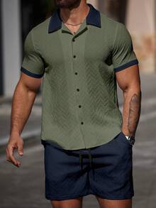 Manfinity CasualCool 男士拼色短袖單排扣襯衫與短褲休閒兩件套 - 彩色 - 查看 4