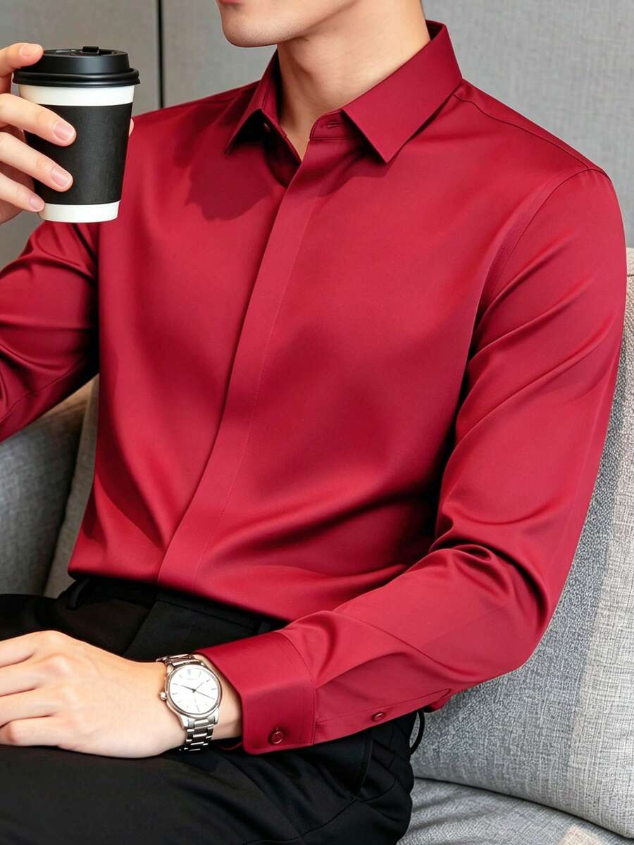 Manfinity Mode Men's Long Sleeve Dress Shirt,Red,Autumn,Smart Casual,Dinner,Solid Color Business & Formal Button-Up,Regular Fit Office Attire,Smooth Texture,Ceremony - Red - View 1