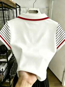 Franclia 女款白色大尺碼條紋袖 Polo 短袖 T 恤，馬刺繡，春夏學院風休閒日常逛街度假寬鬆上衣 - 彩色 - 查看 2