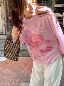 DAZY 女款花卉印花圓領休閒落肩長袖T恤 秋季 - 粉色 - 查看 3