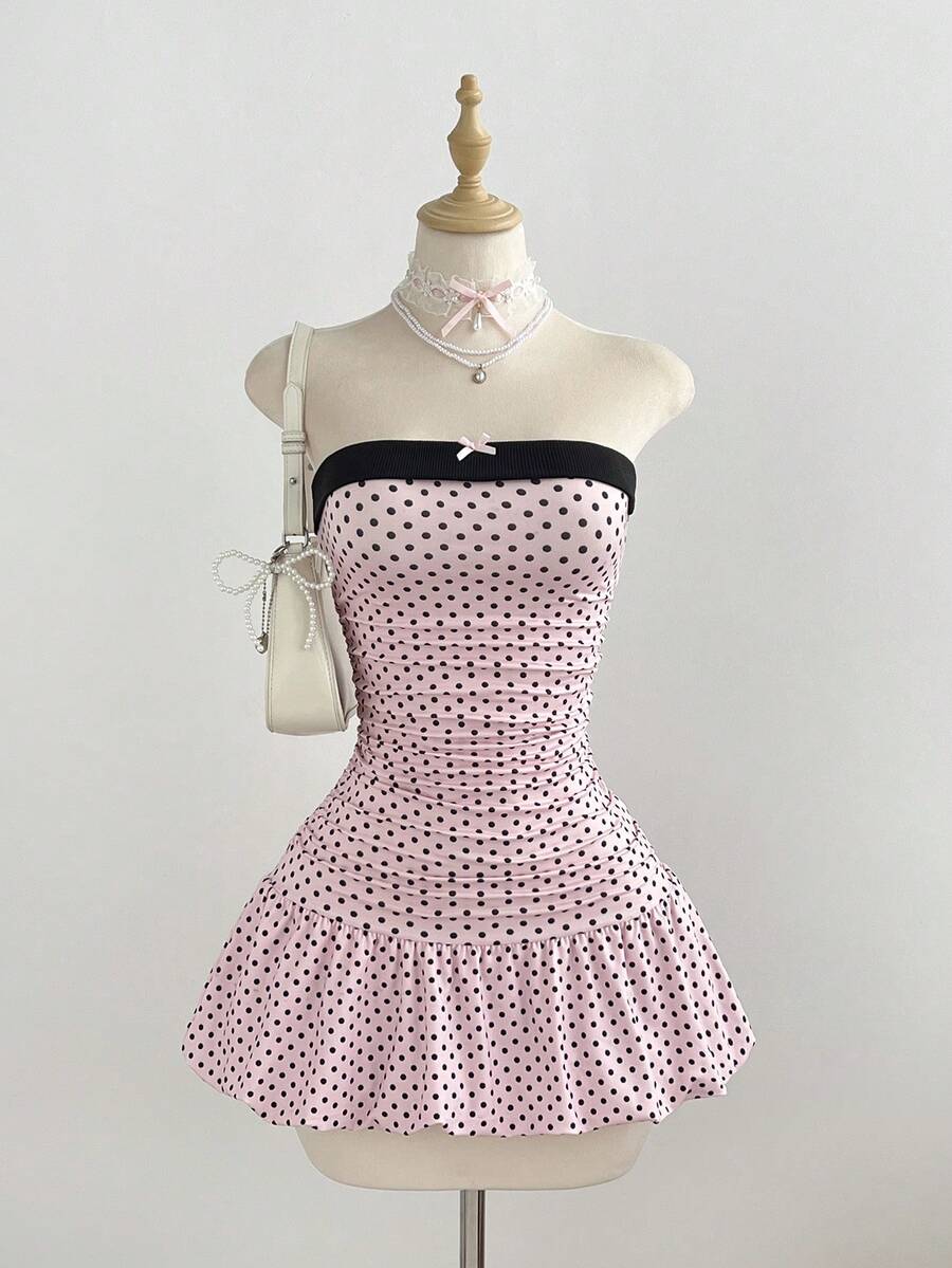 Elamini Women's Strapless Polka Dot Print Bodycon Ruched Mini Dress, Fitted Waist, Party Shopping Vacation Outfit - Pink - View 1
