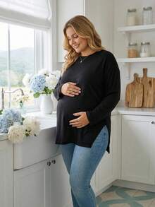 Plussiva Plus Size Maternity Casual Autumn Black Long-Sleeved Loose T-Shirt Versatile Solid Color Side Slit Top Fall Work Breast Feeding Postpartum - Black - View 10