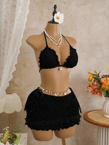 Swim Mod 3-Piece Bikini Set, Spring/Summer Vacation, Solid Color Floral Textured Fabric, Pearlescent Seashell Decor, Ruffle Trim Halter Triangle Top, Side Tie Bikini Bottoms, Double Ruffle Mini Skirt, Sexy Bikini Set - Black - View 6