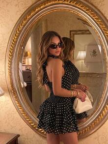 Sunnyshic Women's Autumn Black Polka Dot Print Halter Neck Tie Back Open Back Multi-Layer Ruffle Waist A-Line Mini Dress, Vintage Romantic, Versatile For Shopping, Dating, Commuting, Daily Wear - Black - View 1
