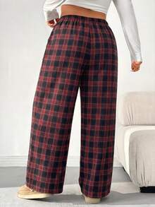 SHEIN EZwear 大码秋冬纯棉抽绳复古格子裤 - 紅色 - 查看 2