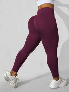SHEIN Sports Seamless Plus Size Women's Solid Color High Waist Athletic Alternative Tropical Tropical Leggings Gym Sports Burgundy Summer Gym Gym Gym - Burgundy - View 2
