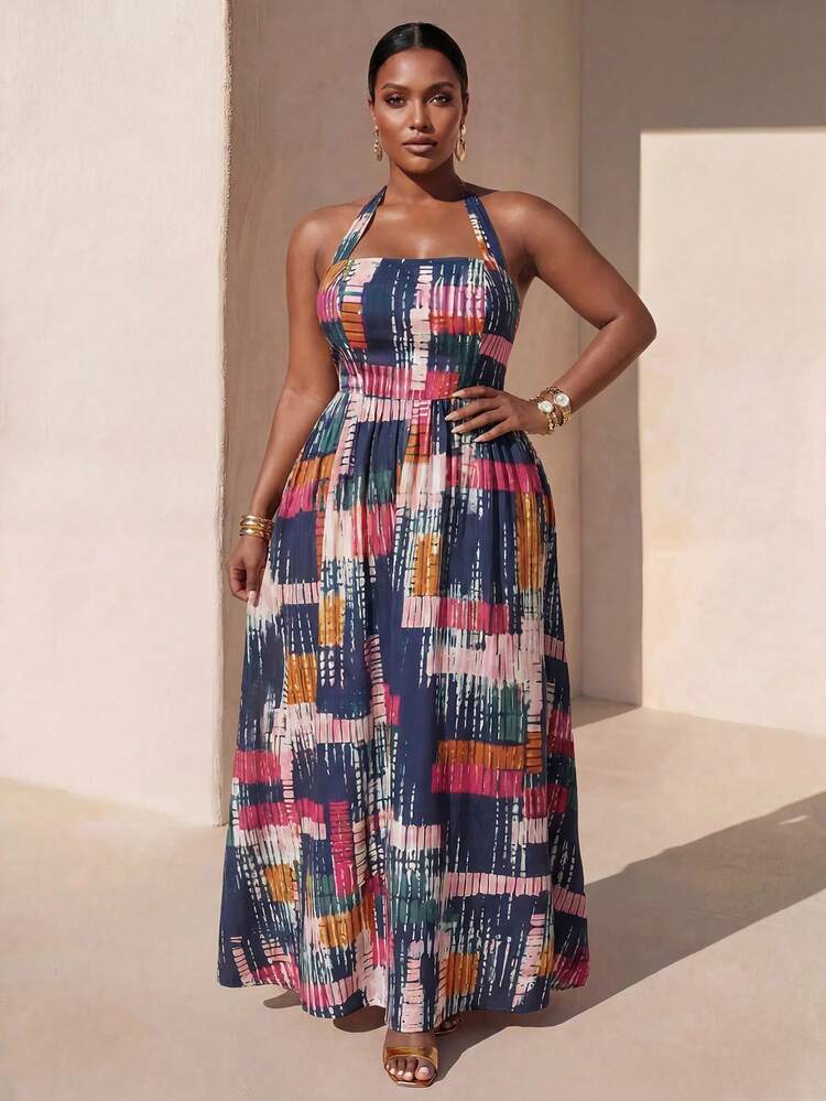 Zivah Plus Size Navy Blue Summer Boho Vacation Holiday Sleeveless Halter Tie Waist A-Line Maxi Dress,Batik Elements Woven Fabric Bohemian Beach Outfit - Multicolor - View 3