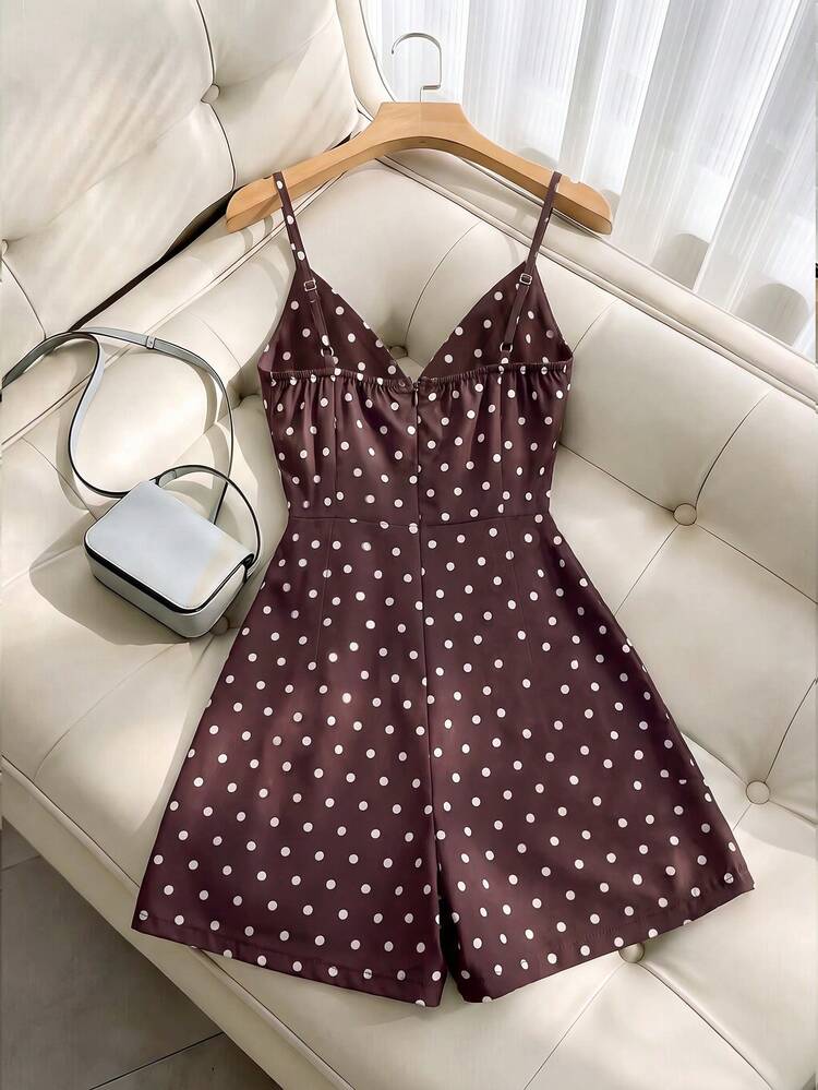 Franclia Women's Casual Vacation Polka Dot Print Spaghetti Strap Romper - Brown - View 2