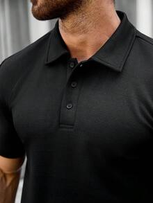 Manfinity CasualCool 男士紋理提花兩件套，紋理提花短袖 Polo 衫 + 紋理提花長褲，休閒日常通勤 - 黑色 - 查看 3
