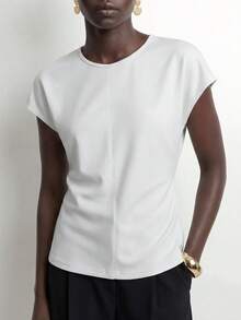 Duskaine Women's Casual Solid Color Batwing Sleeve Round Neck T-Shirt, Summer - White - View 5