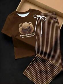 SHEIN EZwear 两件套：刺绣圆领短袖上衣和条纹印花长裤，休闲款 - 彩色 - 查看 4