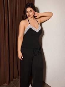 Slumberist Plus Size V-Neck Backless Lace Trim Black & White Contrast Color Pajama Set With Long Pants - Black - View 5