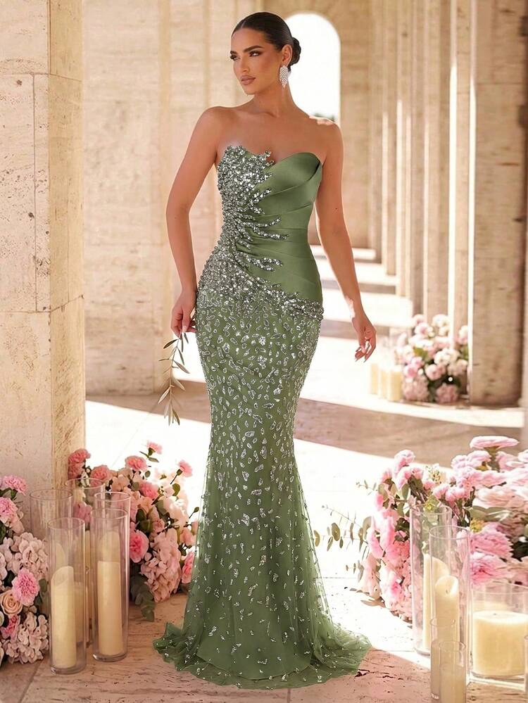 Glamrae Elegant Luxurious Beaded Sequin 3D Floral Embroidery Fabric Patchwork Stretch Knit Sexy Strapless Mermaid Dress For Wedding Events, Bachelorette Party, Vacation, Prom, Evening Gala (Heavy Embellished) - Army Green - View 3