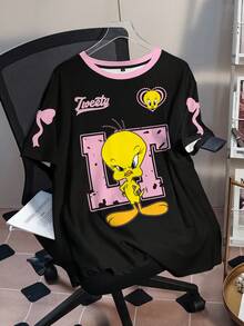 LOONEY TUNES X SHEIN Kaos Lengan Pendek Kasual Harian Wanita Ukuran Besar dengan Motif Kartun - Putih - View 6