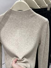 Resyla Women's Casual Fitted Stand Collar Sweater, Autumn/Winter - Apricot - View 2