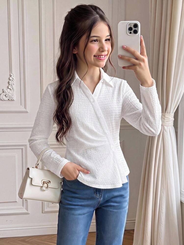 Girlism Kids Tween Girls Blouses Casual, Versatile, And Elegant Preppy-Style White Fitted Shirt With Ruching,Back To School, White Shirt,ملابس للعودة المدرسية - White - View 8