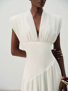Aveloria Modichic Mixed Material Patchwork V-Neck Flutter Sleeve Ruched Padded Shoulder Women's Sleeveless Long Dress Elegant Off-White Chiffon Summer Wedding Dinner - Beige - View 4