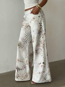 SHEIN PETITE Women's Fashion Leopard Print Wide Leg Jeans , Autumn For Women Casual Going Out Petite Works For Women - White - View 7