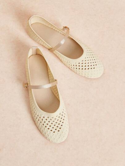 Rosivie Spring And Summer Breathable Hollowed-Out Knitted Mary Jane Women's Shoes, Round Toe Metal Pin Buckle With Flat Shoes, Oat-Colored Woven Gentle Style