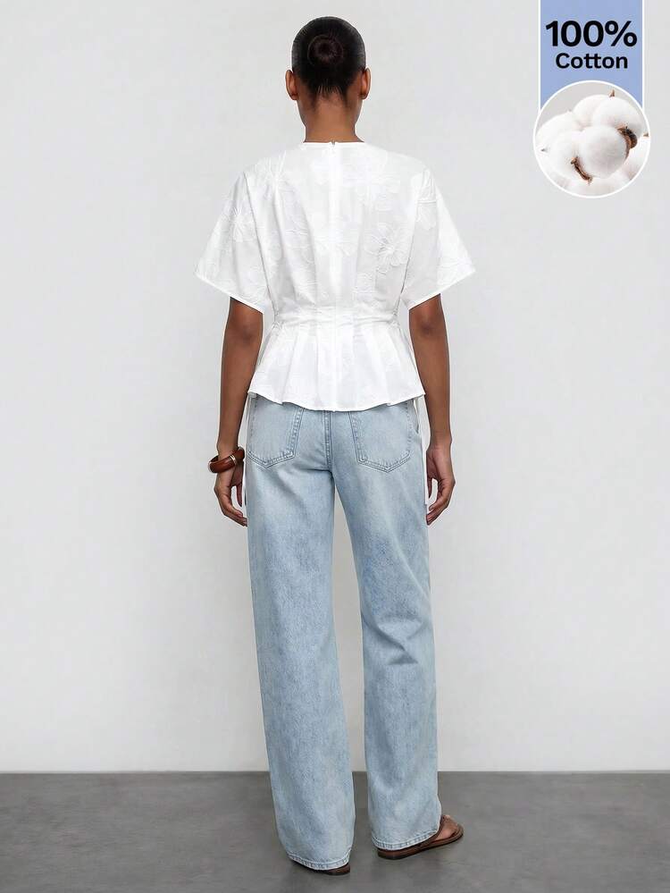 Maija White Embroidered Patchwork Women's Blouse, V-Neck Tie Waist Pleated Flared Hem, Comfortable Casual Vacation Style City Break Travel Fall - White - View 2