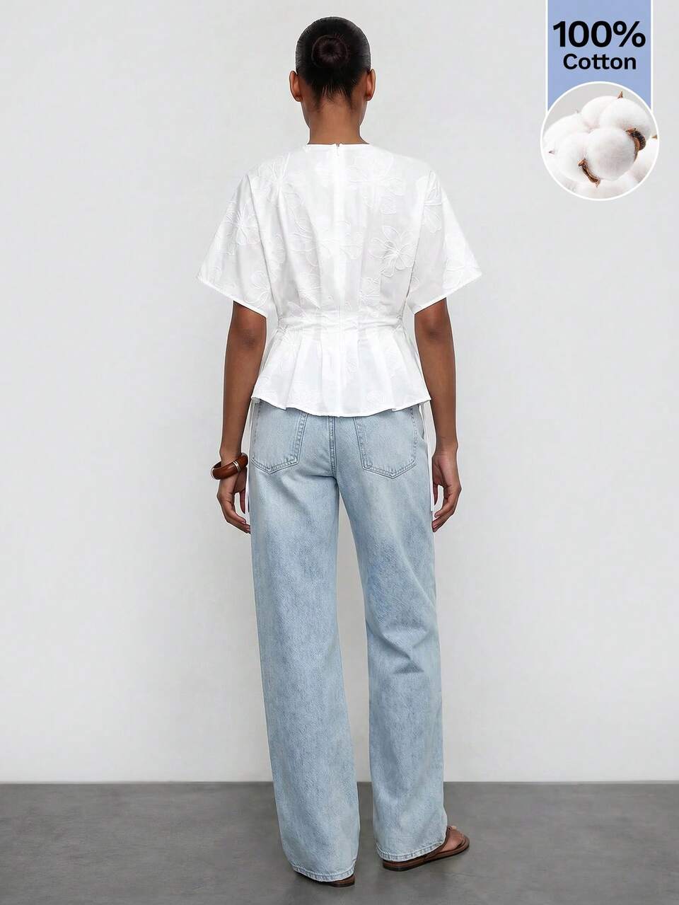 SHEIN Maija White Embroidered Patchwork Women's Blouse, V-Neck Tie Waist Pleated Flared Hem, Comfortable Casual Vacation Style