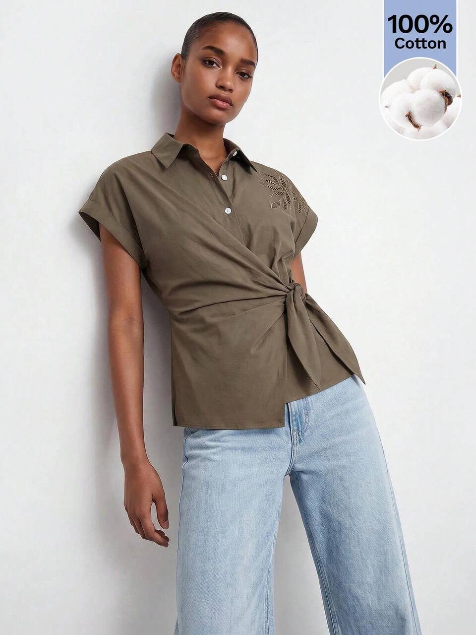 SHEIN Maija Blusa casual de mujer verde oliva para verano, estilo urbano, con abertura asimétrica, nudo en el hombro y diseño burnout, ideal para vacaciones, brunch y uso diario