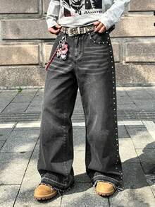 STEELVANCE 男士嘻哈街頭風鉚釘深灰色水洗丹寧直筒長褲 - 深灰色 - 查看 3