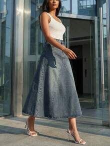 DAZY Spring Summer Autumn New Women's Casual Style Washed Pocket A-Line Denim Skirt - Dark Wash - View 5