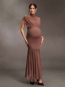 Cheriluna Maternity فستان أمومة برقبة عالية وتغطية الكتف من الشبك، تجعيد أحادي الجانب للبطن، ملائم مرن ضيق، حافة شفافة متسعة، قماش فاخر بلون القهوة، فستان طويل أنيق بأسلوب الحفلات للنساء الحوامل - بني - مشاهدة 4