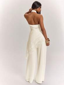SHEIN BAE Women's Lace Patchwork Pleated Halter Top And Long Pants Casual Daily Set - Apricot - View 2